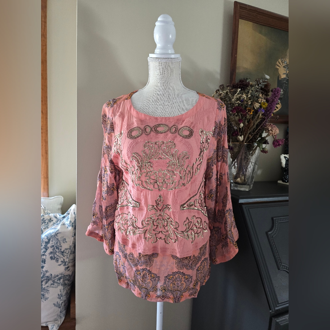 Anthropologie Women's Sz. M Soft Coral Blush Color Sequin Blouse Semi Sheer